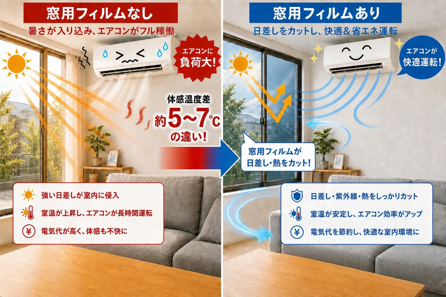 遮熱・断熱フィルムの効果イメージ